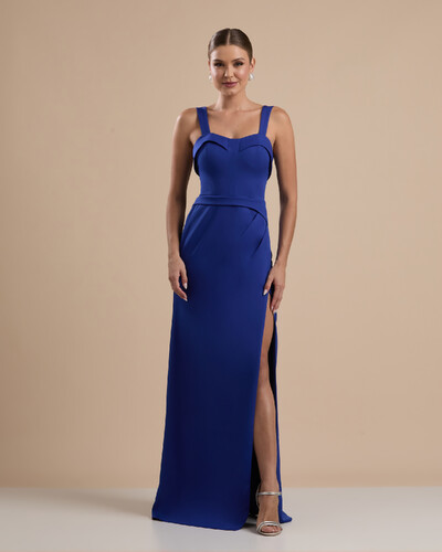 Foto Vestido de Festa Longo Alfaiataria Decote Coração com Alças e Fenda Azul Royal