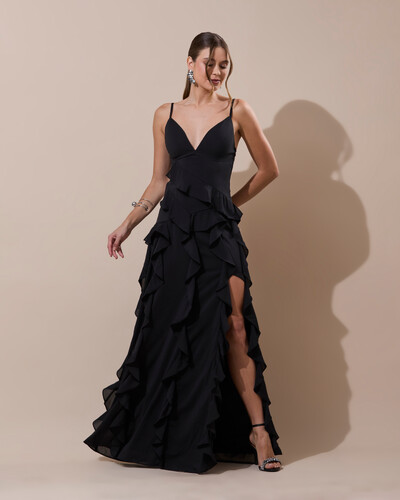 Foto Vestido de Festa Longo Decote V Crepe Chiffon Babados Cascata e Fenda Preto