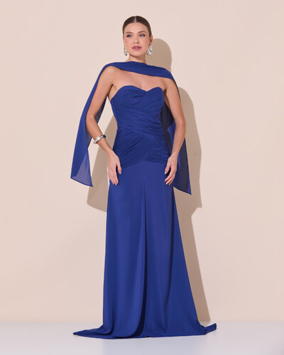Foto Vestido de Festa Longo Decote Coração Crepe Chiffon Drapeado Plissado Lenço Azul Marinho