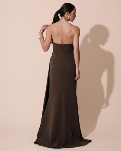 FotoVestido de Festa Longo Alfaiataria Tomara que Caia Drapeado Faixa Verde Oliva