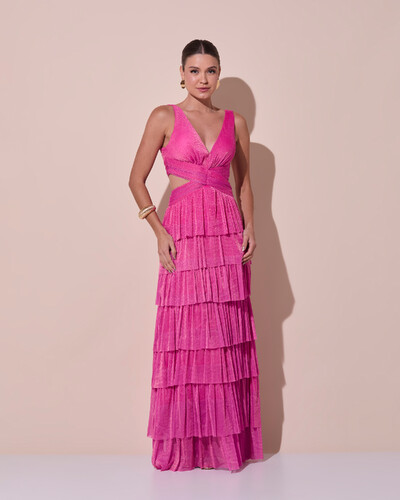 Foto Vestido De Festa Longo Decote V Tule Brilho Recortes Camadas Pink