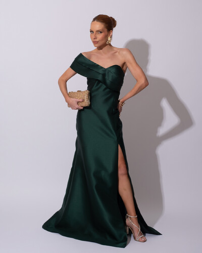 Foto Vestido de festa Longo Zibeline Faixa Drapeada Ombro e Fenda Verde Escuro