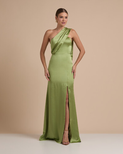 Foto Vestido de Festa Longo Cetim Alfaiataria Tomara que Caia com Faixa Lenço Verde Pistache