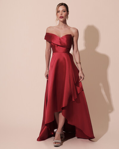 Foto Vestido de Festa Longo Zibeline um Ombro Só Mullet Marsala