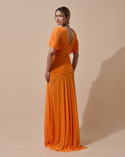 Foto Vestido de Festa Longo Tule Manga Curta Drapeado Laranja New