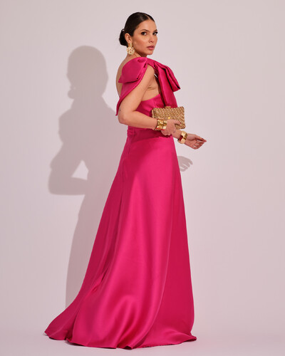 FotoVestido de Festa Longo em Zibeline com Laço Removível Pink