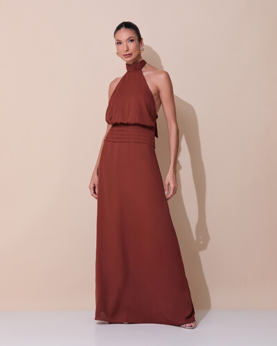 Foto Vestido de Festa Longo Frente Única Busto Blousê Crepe Chiffon Drapeado Marrom New