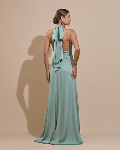 Foto Vestido de Festa Gola Alta com Decote nas Costas Acetinado Verde Menta