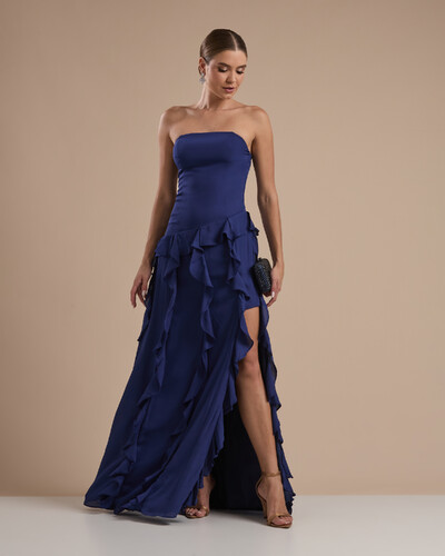Foto Vestido de festa Longo Tomara que Caia Crepe Chiffon com Bababos Cascata e Fenda Azul Marinho