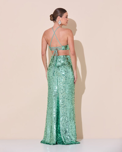 Foto Vestido de Festa Longo Frente Única Paetê Recortes Costas Trançada Verde Menta