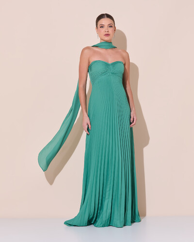 Foto Vestido de Festa Longo Tomara que Caia Plissado com Lenço Verde Matcha Escuro