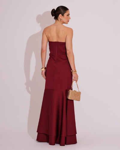 FotoVestido Longo com Fenda de Babados Alfaiataria Marsala Escuro