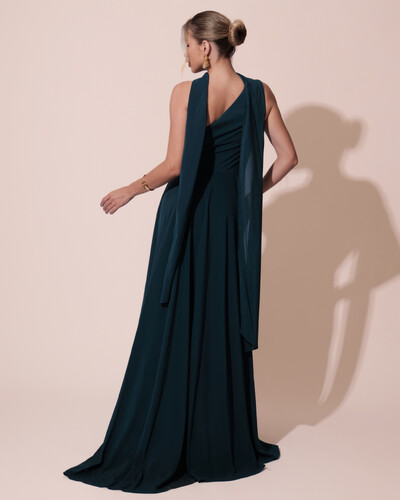 FotoVestido de Festa Longo Crepe Chiffon Um Ombro Só Drapeado com Lenço Verde Escuro