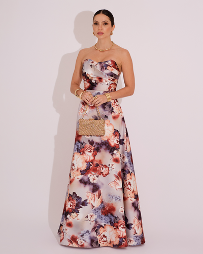 Foto Vestido de Festa Longo Tomara que Caia Estampado Decote Drapeado Floral