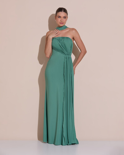 Foto Vestido de Festa Longo Tomara Que Caia Crepe Chiffon Plissado Lenço Verde Matcha Escuro