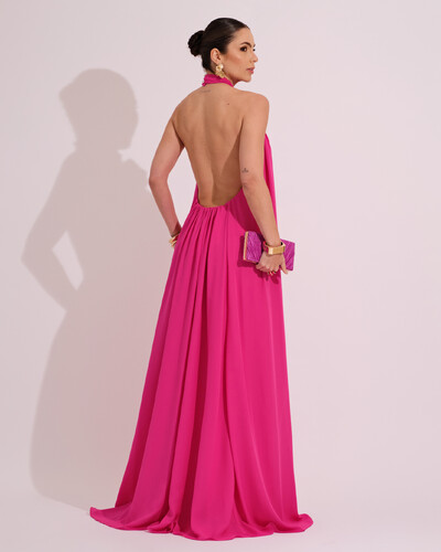 FotoVestido Longo Crepe Chiffon Frente Única Fluido Flor Removível Pink