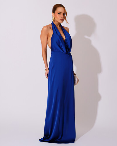 Foto Vestido de Festa Longo Frente Única Degagê Cetim Fluido Azul Royal