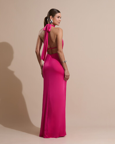 Foto Vestido de Festa Longo Malha Jersey Gola Alta Saia Sereia Pink New