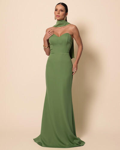 Foto Vestido de Festa Longo Alfaiataria Tomara que Caia Saia Sereia com Lenço Verde Matcha