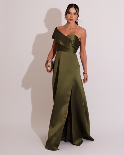 Foto Vestido de Festa longo Faixa Ombro e Fenda Zibeline Verde Oliva