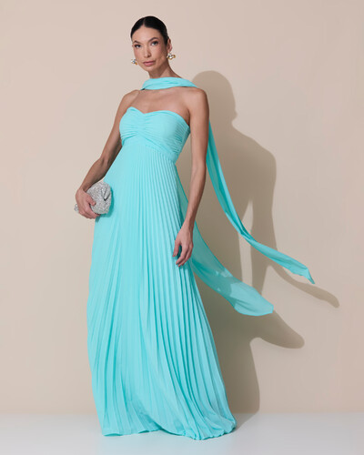 Foto Vestido de Festa Longo Tomara que Caia Plissado com Lenço Verde Tiffany