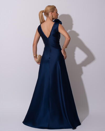 FotoVestido de Festa longo Zibeline Decote em V com Flores Removivel Azul Marinho