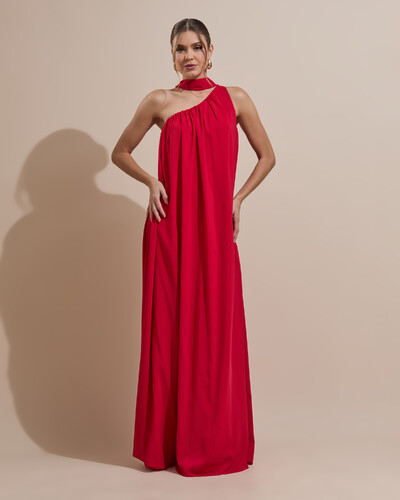 Foto Vestido de Festa Longo Crepe Fluido um Ombro Só com Lenço Vermelho
