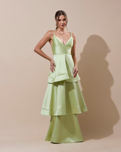 Foto Vestido de Festa Longo Zibeline em Camadas Decote em V com Alças Verde Lima New