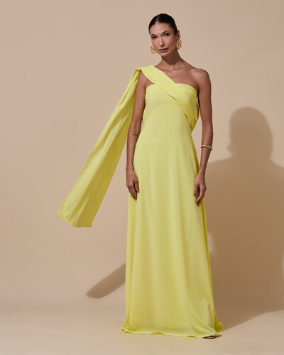 Foto Vestido de Festa Longo Tomara que Caia Crepe Chiffon Lenço Drapeado Costas Trançada Amarelo Manteiga