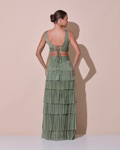Foto Vestido De Festa Longo Decote V Tule Brilho Recortes Camadas Verde Oliva