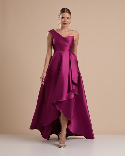 Foto Vestido de Festa Longo Zibeline um Ombro Só Mullet Fúcsia Beterraba