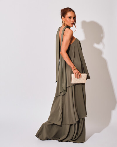 FotoVestido de Festa Longo Chiffon Crepe em Camadas com Lenço Verde Oliva