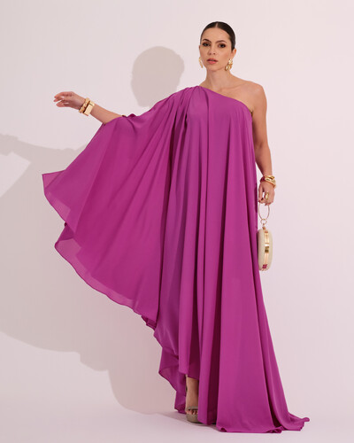 Foto Vestido de Festa um Ombro com Capa Crepe Fluido Fúcsia