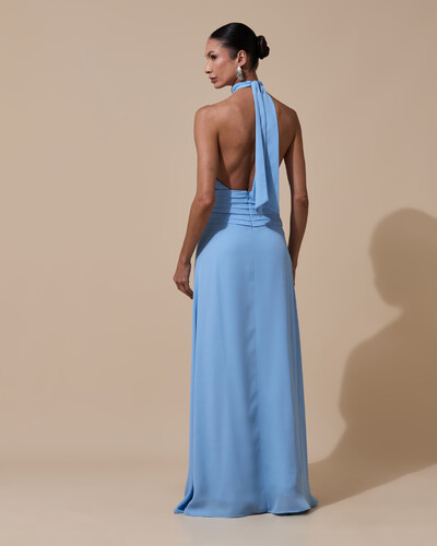 Foto Vestido de Festa Longo Frente Única Busto Blousê Crepe Chiffon Drapeado Azul Atlantis