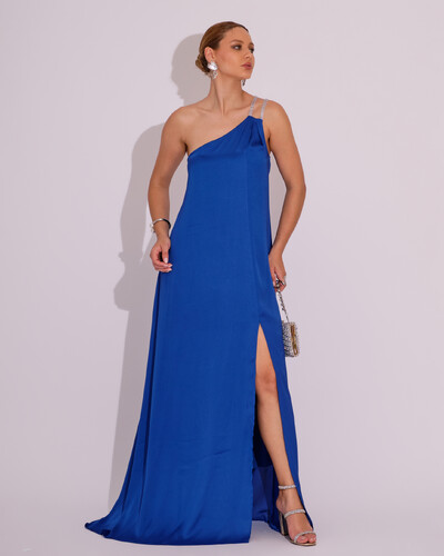 Foto Vestido de Festa Longo Cetim Um Ombro Só Azul Royal