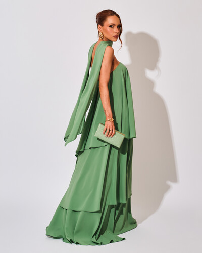 FotoVestido de Festa Longo Chiffon Crepe em Camadas com Lenço Verde Claro
