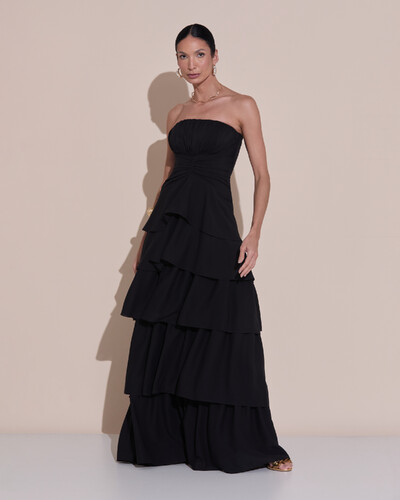 Foto Vestido de Festa Longo Tomara que Caia Drapeado Crepe Chiffon Babados Camadas Preto