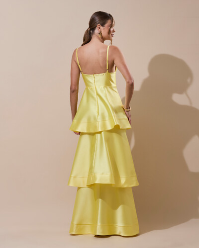 Foto Vestido de Festa Longo Zibeline em Camadas Decote em V com Alças Amarelo Manteiga