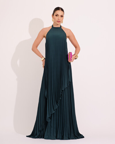 Foto Vestidos de Festa Longo Chiffon Fluido Frente Única Plissado Duplo Verde Escuro