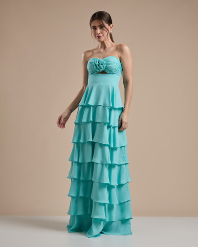 Foto Vestido Longo Crepe Chiffon Tomara que Caia Plissado em Camadas Tiffany