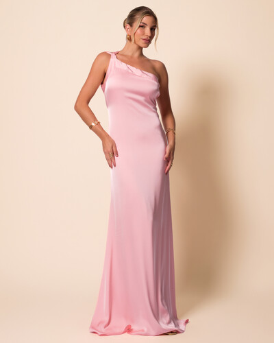 Foto Vestido de Festa Longo Cetim Fluido Um Ombro Só Amarração Costas Rose Gold