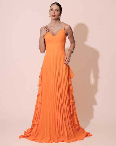 Foto Vestido de Festa Longo Crepe Chiffon Alça Fina Saia Plissada com Babado Cascata Laranja