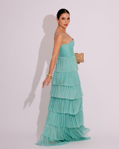 FotoVestido de Festa Longo Tule Glitter com Camadas Tiffany