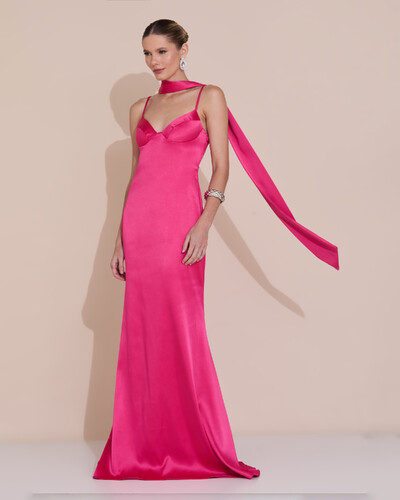 Foto Vestido de Festa Longo Decote Coração Cetim Alfaiataria Trançado Costas Lenço Pink