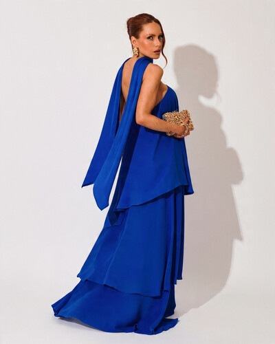 FotoVestido de Festa Longo Chiffon Crepe em Camadas com Lenço Azul Royal