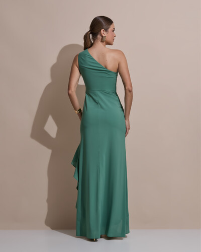 Foto Vestido de Festa Midi Um Ombro Só Crepe Chiffon Babados Cascata Fenda Verde Matcha Escuro