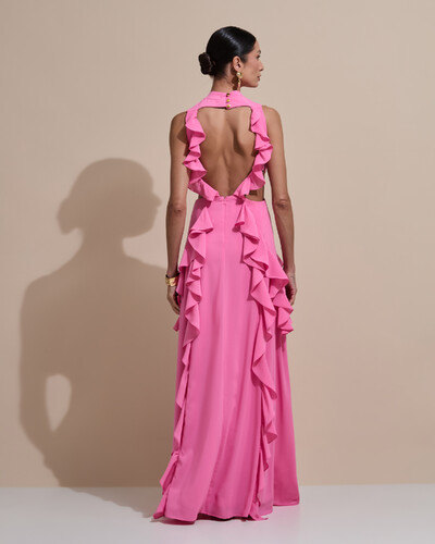 Foto Vestido de Festa Longo Gola Alta Crepe Chiffon Recortes Babados Cascata Rosa