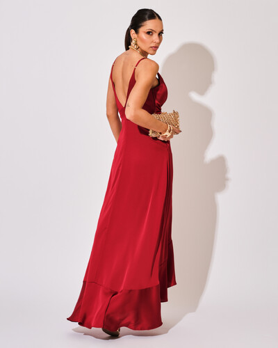 FotoVestido Midi Babado Acetinado Marsala