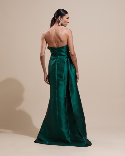 Foto Vestido de Festa Longo Tomara que Caia Zibeline Drapeado e Faixa Verde Escuro
