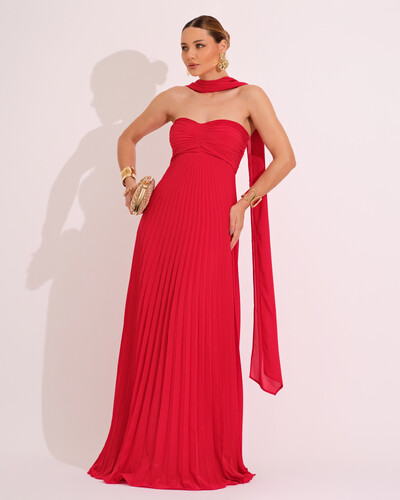 Foto Vestido de Festa Longo Tomara que Caia Plissado com Lenço Vermelho Escuro